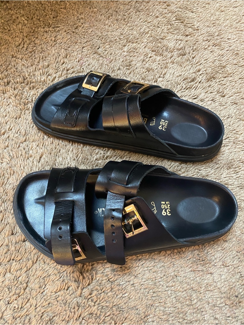 Birkenstock St Barths Black Leather Double Two-Strap Sandals with Gold Buckles - Picture 2 of 16